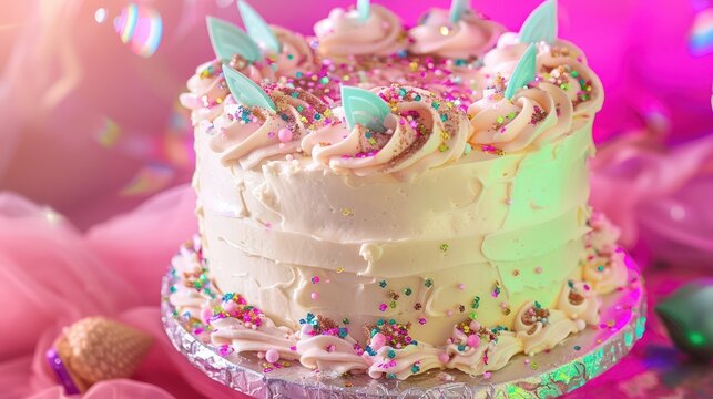 whimsical fairy cake with pastel icing and edible glitter, presented on a bright magenta backdrop