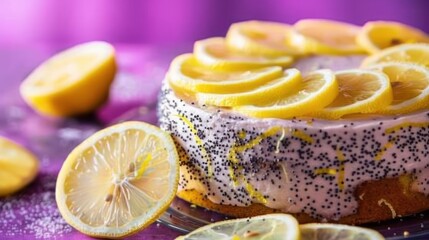 Aufkleber - zesty lemon poppy seed cake with lemon slices, presented on a vibrant violet backdrop