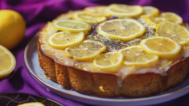 zesty lemon poppy seed cake with lemon slices, presented on a vibrant violet backdrop