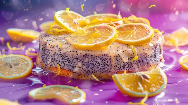 zesty lemon poppy seed cake with lemon slices, presented on a vibrant violet backdrop