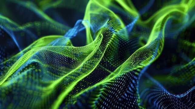 Dynamic mesh of lime green and royal blue threads against a dark backdrop, perfect for vibrant and striking text overlays