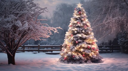 Poster - Outdoor Christmas tree adorned with lights and ornaments in snowy garden