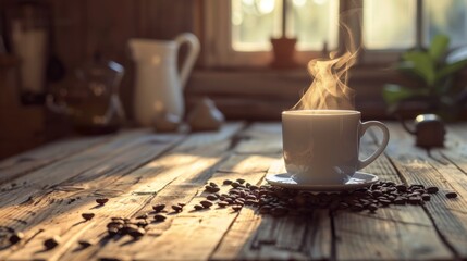 Poster - A steaming cup of freshly brewed coffee on a rustic wooden table, surrounded by coffee beans and a cozy atmosphere