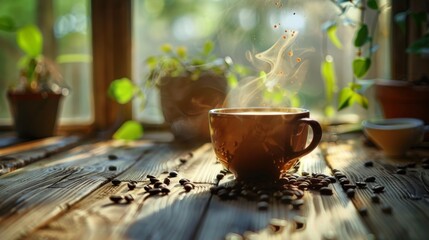 Poster - A steaming cup of freshly brewed coffee on a rustic wooden table, surrounded by coffee beans and a cozy atmosphere