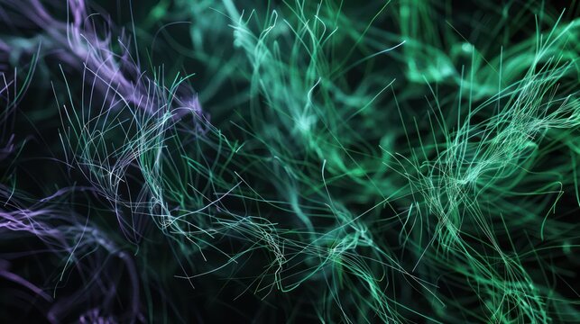 Dynamic pattern of emerald green and soft lavender fibers on a black backdrop, creating a rich and inviting space for text
