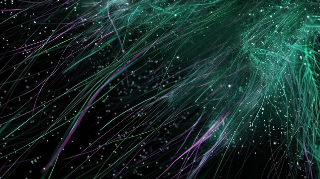 Dynamic pattern of emerald green and soft lavender fibers on a black backdrop, creating a rich and inviting space for text