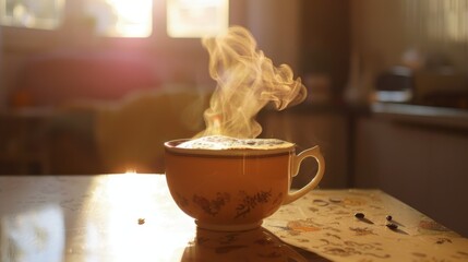 Poster - A steaming hot cup of coffee with visible rising steam, symbolizing warmth and relaxation