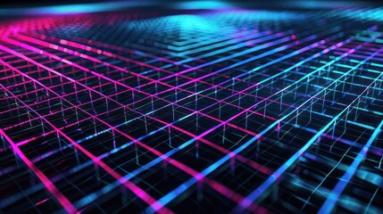 Aufkleber - Glowing lattice of cyan and magenta lines on a matte black canvas, suitable for modern and vibrant text placement