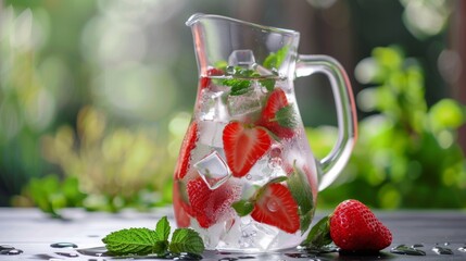 Aufkleber - A strawberry-infused water in a glass pitcher with ice cubes and mint leaves