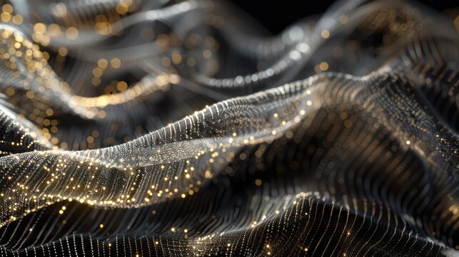 Luminous network of gold and silver threads, weaving through a black canvas, creating a luxurious space for sophisticated text
