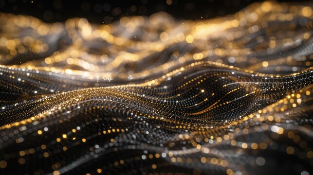 Luminous network of gold and silver threads, weaving through a black canvas, creating a luxurious space for sophisticated text