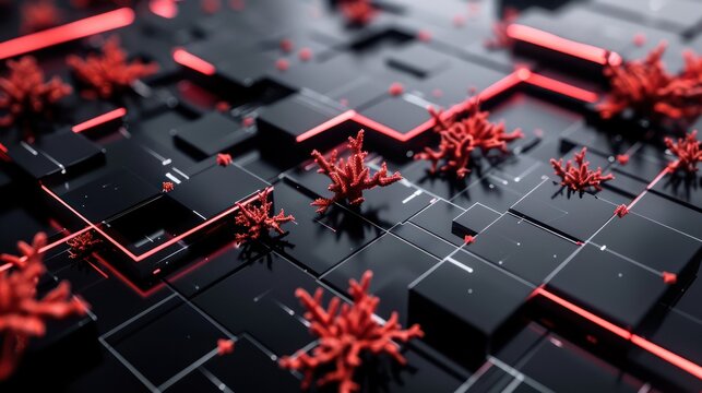 Neon coral and dark grey plexus forming a sleek and modern matrix on a black background, perfect for text integration