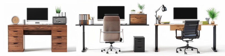 Poster - Three different styles of office desks and chairs, a computer desk with black metal legs and a wood grain desktop
