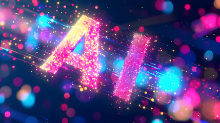 Poster - Energetic and High Tech Composition Featuring the Word  AI  Filled with Radiant Neon Lights Bursting in Vivid Colors Like Pink Blue and Yellow Against a Dramatic Dark Futuristic Background