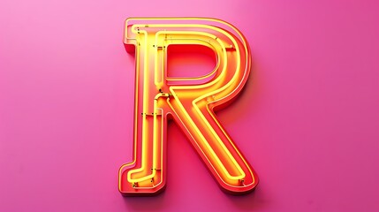 Bright Neon Font with fluorescent yellow tubes letter R night show alphabet on pink background