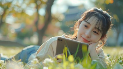 Young woman enjoying tablet outdoors