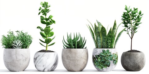 Poster - Set of different plants in concrete pots isolated on a white background