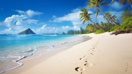 Poster - Sandy tropical beach with footprints in the sand, blue ocean, and island backdrop