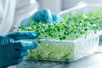Poster - Scientist examining green sprouts in a clear container Isolated on white background