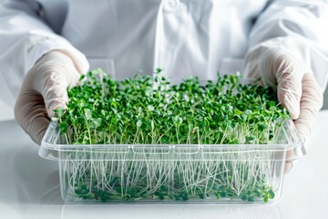 Poster - Scientist examining green sprouts in a clear container Isolated on white background