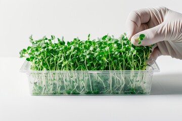 Poster - Scientist examining green sprouts in a clear container Isolated on white background