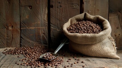 Poster - A still life of coffee beans in a burlap sack, with a scoop and a wooden table, emphasizing the raw ingredients