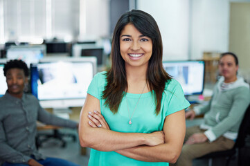 Poster - Portrait, business people and woman with arms crossed, office and smile with confidence. Face, group and employees with leadership, computer and graphic designer with pride, joy and career ambition