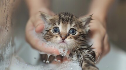 Poster - A tabby kitten getting a bath from its owner, looking adorable with wet fur and big eyes
