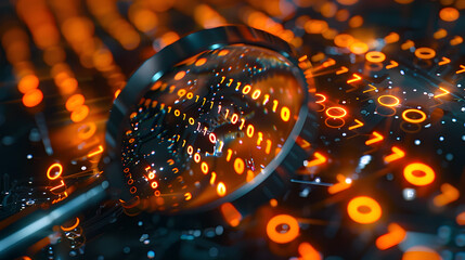 Poster - A magnifying glass focusing intently on a sea of binary code revealing the intricate patterns of 1s and 0s in a vibrant orange glow against a dark reflective background