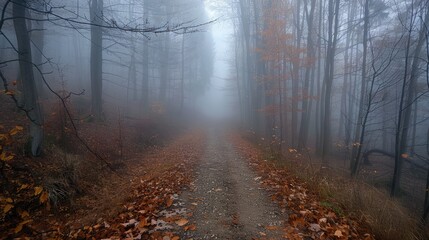 Wall Mural - a foggy forest road with leaves on the ground. the leaves are orange and brown