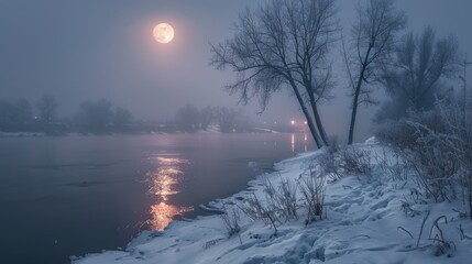 Wall Mural - A moon is reflected in the water of a river. The sky is cloudy and the trees are bare