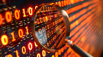 Poster - A close up view of a magnifying glass intricately inspecting the intricate patterns and details of a wall of binary code set against a vibrant orange and blurred dark background
