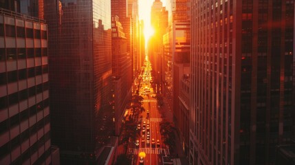 Poster - A sunset view of skyscrapers casting long shadows on city streets, creating a dramatic urban scene