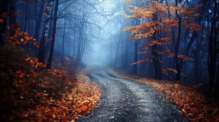 Wall Mural - a road in a forest with leaves on the ground