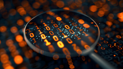 Poster - Detailed view of binary code magnified by a glass with 1s and 0s glowing in vibrant orange against a dark blurred background  The sharp focus on the code creates a dynamic and high tech visual effect