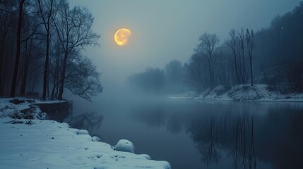Wall Mural - a large moon is reflected in the water of a river. the sky is dark and the trees are bare