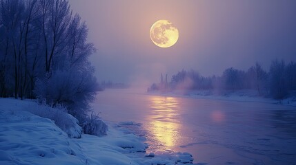 Wall Mural - a large moon is reflected in the water of a river. the sky is dark and the trees are bare