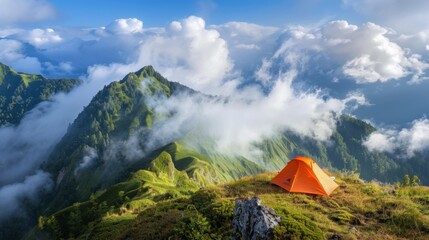 Poster - A tent pitched on a mountain ridge with a view of clouds rolling over nearby peaks