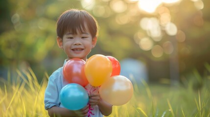 Canvas Print - Child with Balloons in Sunlit Meadow