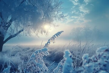 Wall Mural - a snowy field with a tree in the foreground. the sky is blue and the sun is shining through the clou