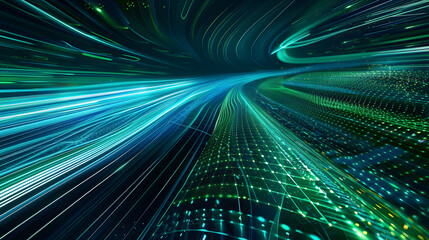 Poster - digital featuring a vibrant data stream with flowing light trails in shades of blue and green set against a dark grid patterned background  The lines converge towards the center