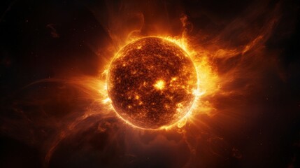Poster - Space view of sun, dark space backdrop, radiant sun, solar flares