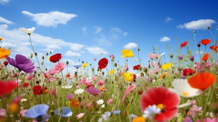 spring meadow with colorful wildflowers and clear blue sky, bright and fresh atmosphere