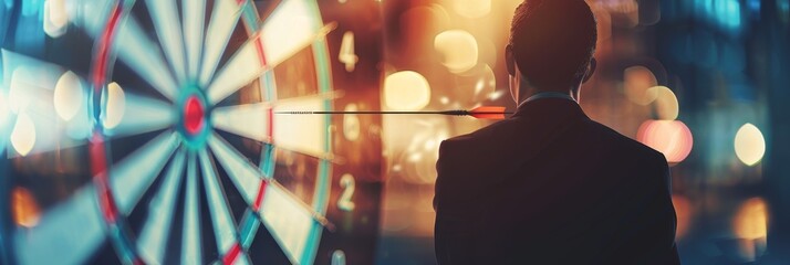 Poster - Businessman Aiming for Success with Dartboard in the Background - A businessman stands in front of a dartboard, symbolizing focus, determination, strategy, accuracy, and success.