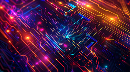 Poster - Mesmerizing Futuristic Circuit Board with Vibrant Glowing Patterns and Surreal Lighting Effects