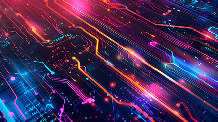 Poster - Futuristic Glowing Circuit Board with Vibrant Abstract Patterns and Surreal Lighting Effects  A digital depicting an and complex design of a high tech circuit board with exaggerated lines neon colors
