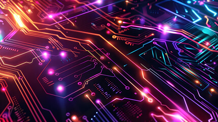 Poster - of a Futuristic Circuit Board Design with Glowing Lines Vibrant Neon Colors and Surreal Lighting Effects  The Abstract Background Enhances the Complexity and High Contrast Appeal of this Digital