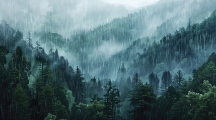 Wall Mural - a forest with trees and rain. the sky is cloudy and the rain is falling