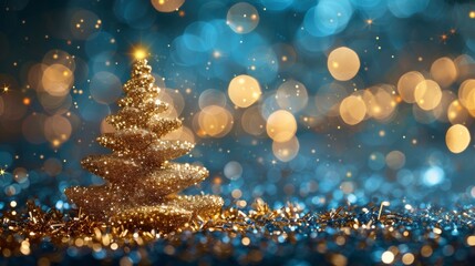 Canvas Print - Golden Glitter Christmas Tree with Bokeh Lights