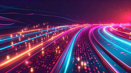 Poster - Futuristic digital data highway with vibrant neon lights binary code streams and exaggerated flowing curves  The abstract design showcases a dynamic and interconnected digital landscape